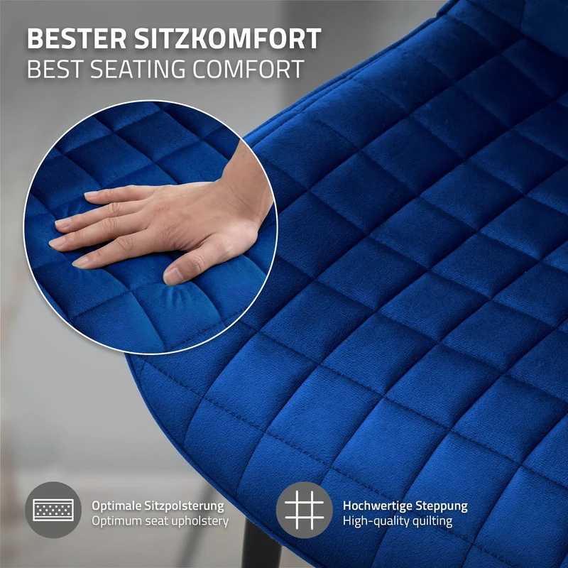 Esszimmerstuhl 6er Set Dunkelblau mit Samtbezug und Stahlbeinen Küchenstuhl mit Rückenlehne ML-Design