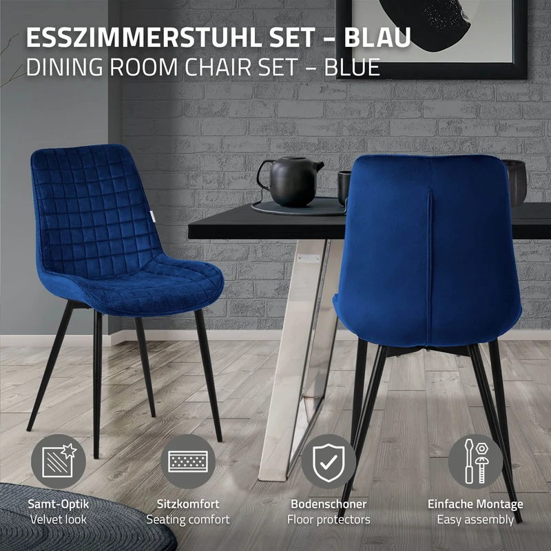 Esszimmerstuhl 4er Set Dunkelblau mit Samtbezug und Stahlbeinen Küchenstuhl mit Rückenlehne ML-Design
