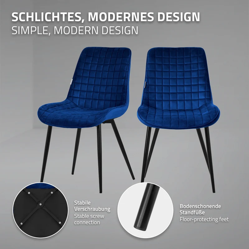 Esszimmerstuhl 4er Set Dunkelblau mit Samtbezug und Stahlbeinen Küchenstuhl mit Rückenlehne ML-Design