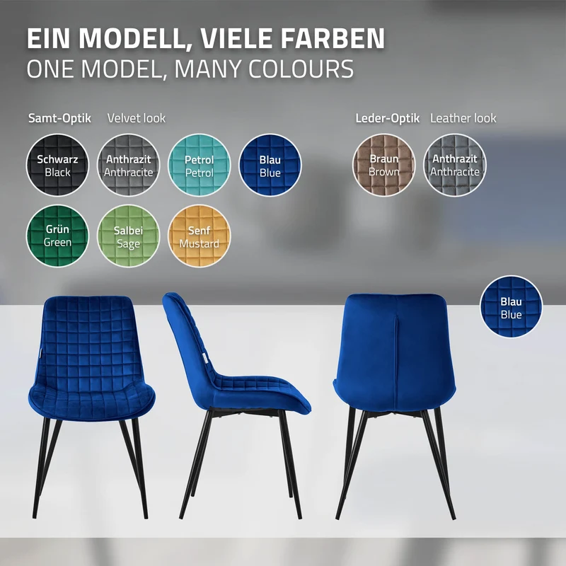 Esszimmerstuhl 4er Set Dunkelblau mit Samtbezug und Stahlbeinen Küchenstuhl mit Rückenlehne ML-Design
