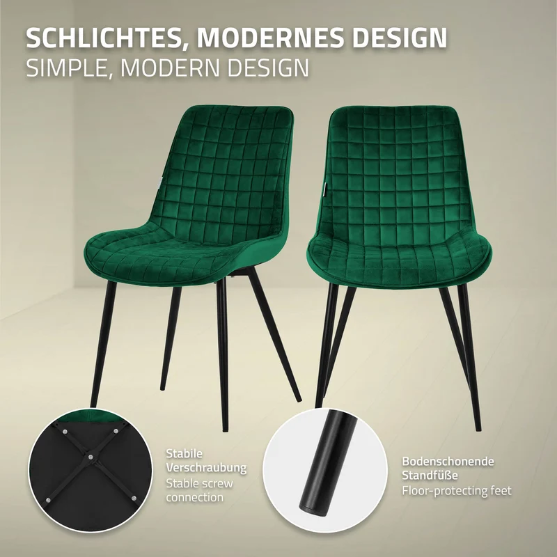 Esszimmerstuhl 6er Set Dunkelgrün mit Samtbezug und Stahlbeinen Küchenstuhl mit Rückenlehne ML-Design