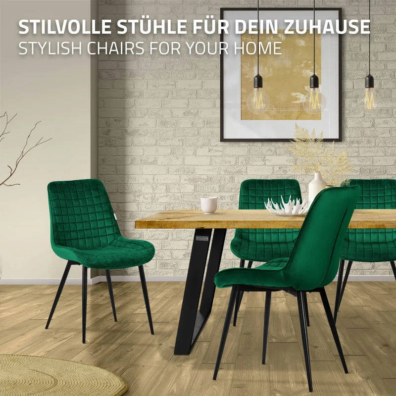 Esszimmerstuhl 6er Set Dunkelgrün mit Samtbezug und Stahlbeinen Küchenstuhl mit Rückenlehne ML-Design