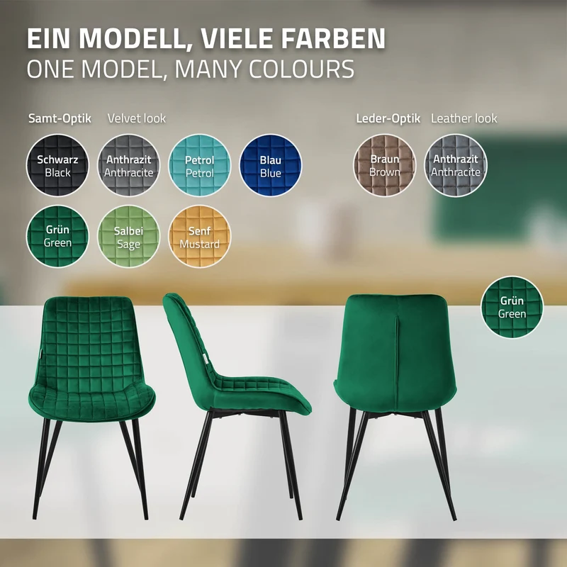 Esszimmerstuhl 6er Set Dunkelgrün mit Samtbezug und Stahlbeinen Küchenstuhl mit Rückenlehne ML-Design