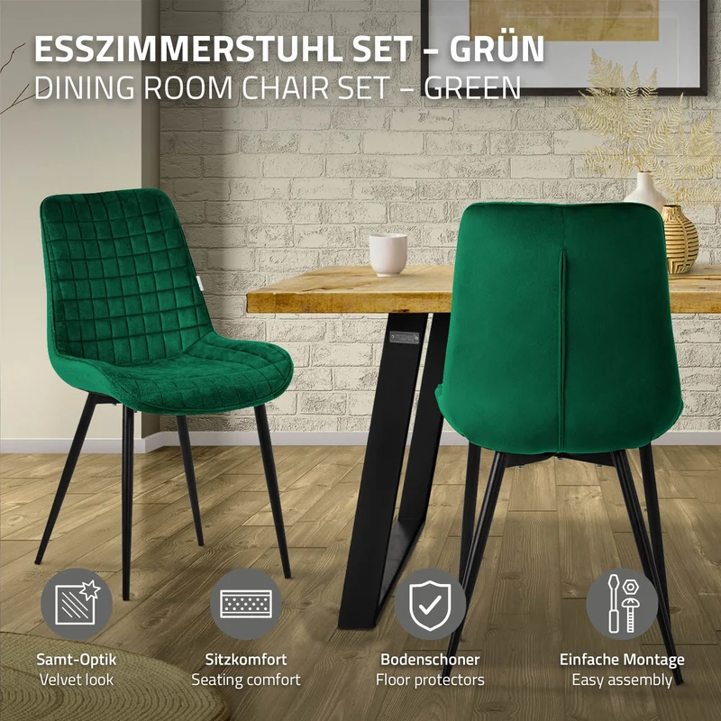 Esszimmerstuhl 4er Set Dunkelgrün mit Samtbezug und Stahlbeinen Küchenstuhl mit Rückenlehne ML-Design