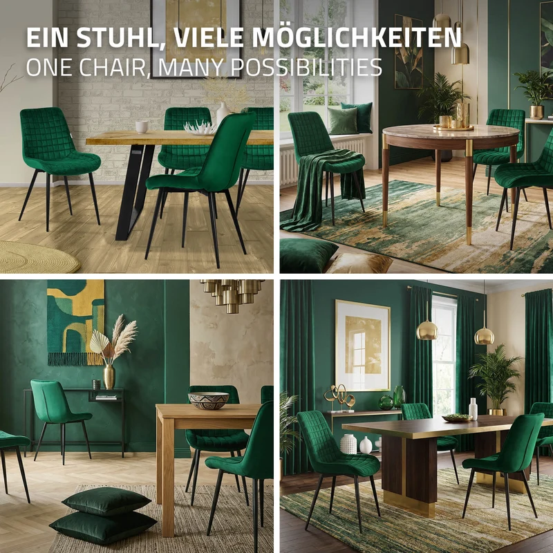 Esszimmerstuhl 4er Set Dunkelgrün mit Samtbezug und Stahlbeinen Küchenstuhl mit Rückenlehne ML-Design