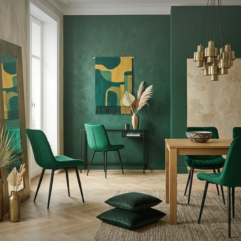 Esszimmerstuhl 4er Set Dunkelgrün mit Samtbezug und Stahlbeinen Küchenstuhl mit Rückenlehne ML-Design