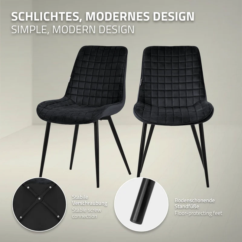 Esszimmerstuhl 6er Set Schwarz mit Samtbezug und Stahlbeinen Küchenstuhl mit Rückenlehne ML-Design