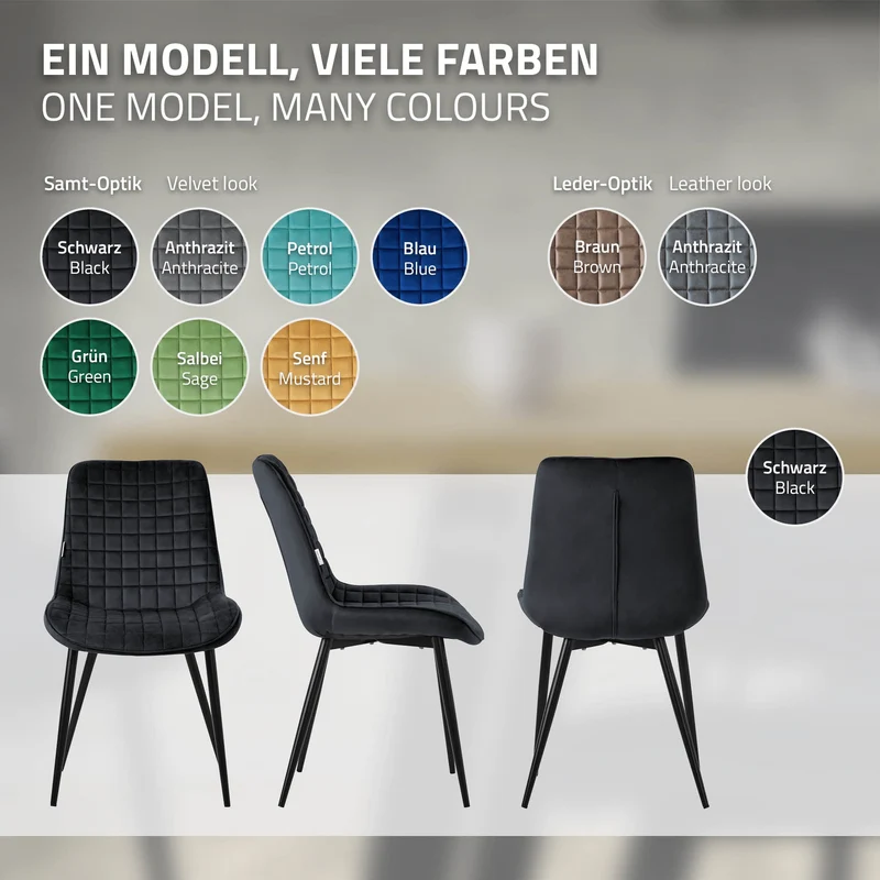 Esszimmerstuhl 6er Set Schwarz mit Samtbezug und Stahlbeinen Küchenstuhl mit Rückenlehne ML-Design