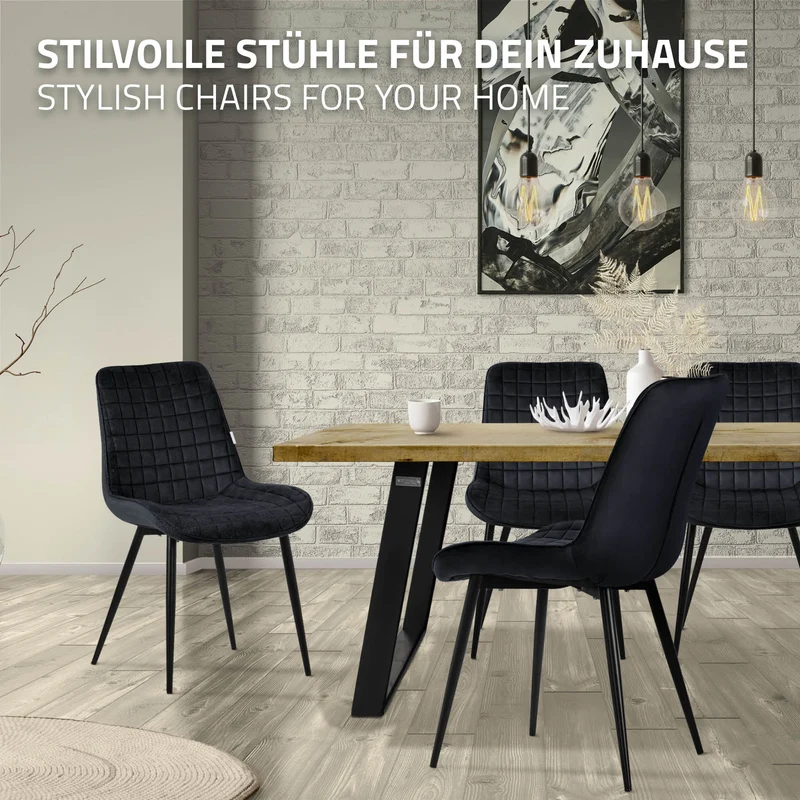 Esszimmerstuhl 4er Set Schwarz mit Samtbezug und Stahlbeinen Küchenstuhl mit Rückenlehne ML-Design
