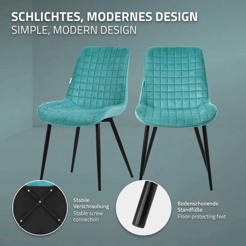 Esszimmerstuhl 2er Set Petrol mit Samtbezug und Stahlbeinen Küchenstuhl mit Rückenlehne ML-Design