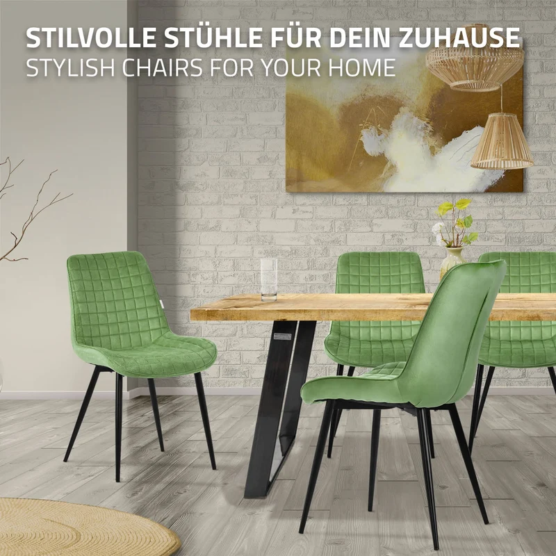 Esszimmerstuhl 2er Set Salbei mit Samtbezug und Stahlbeinen Küchenstuhl mit Rückenlehne ML-Design