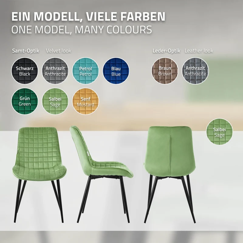 Esszimmerstuhl 2er Set Salbei mit Samtbezug und Stahlbeinen Küchenstuhl mit Rückenlehne ML-Design