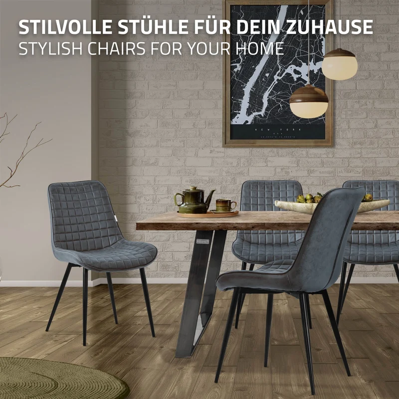 Esszimmerstuhl 2er Set Anthrazit mit Kunstlederbezug und Stahlbeinen Küchenstuhl mit Rückenlehne ML-Design
