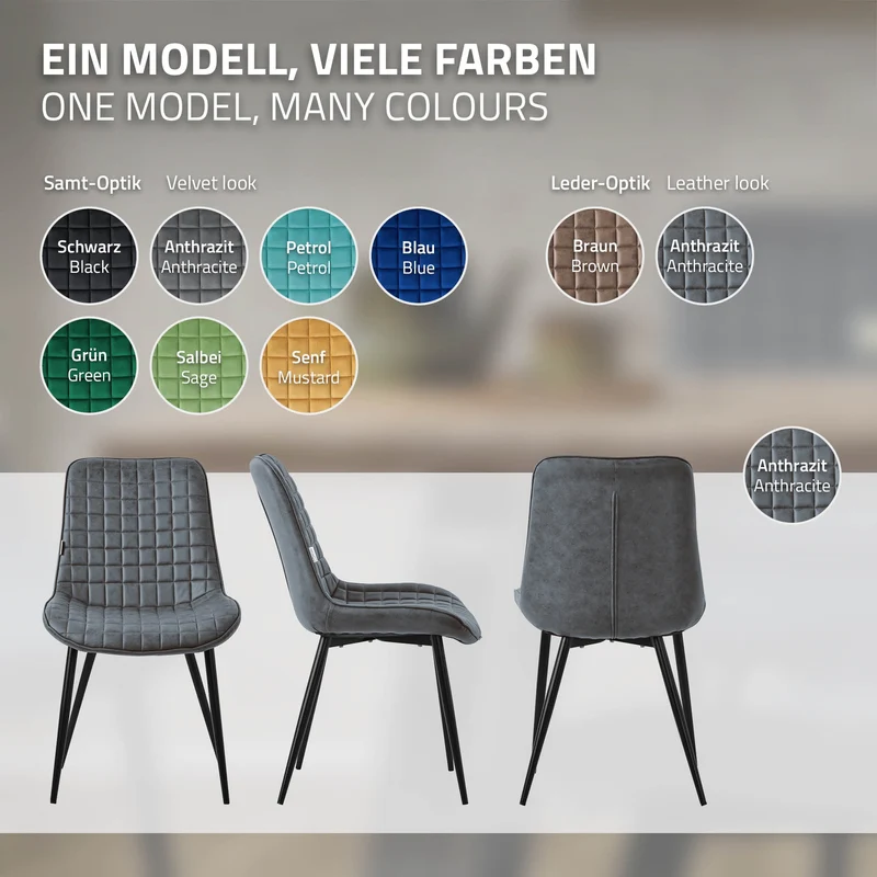Esszimmerstuhl 2er Set Anthrazit mit Kunstlederbezug und Stahlbeinen Küchenstuhl mit Rückenlehne ML-Design