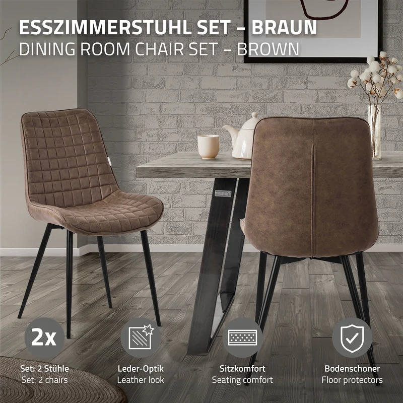 Esszimmerstuhl 2er Set Braun mit Kunstlederbezug und Stahlbeinen Küchenstuhl mit Rückenlehne ML-Design