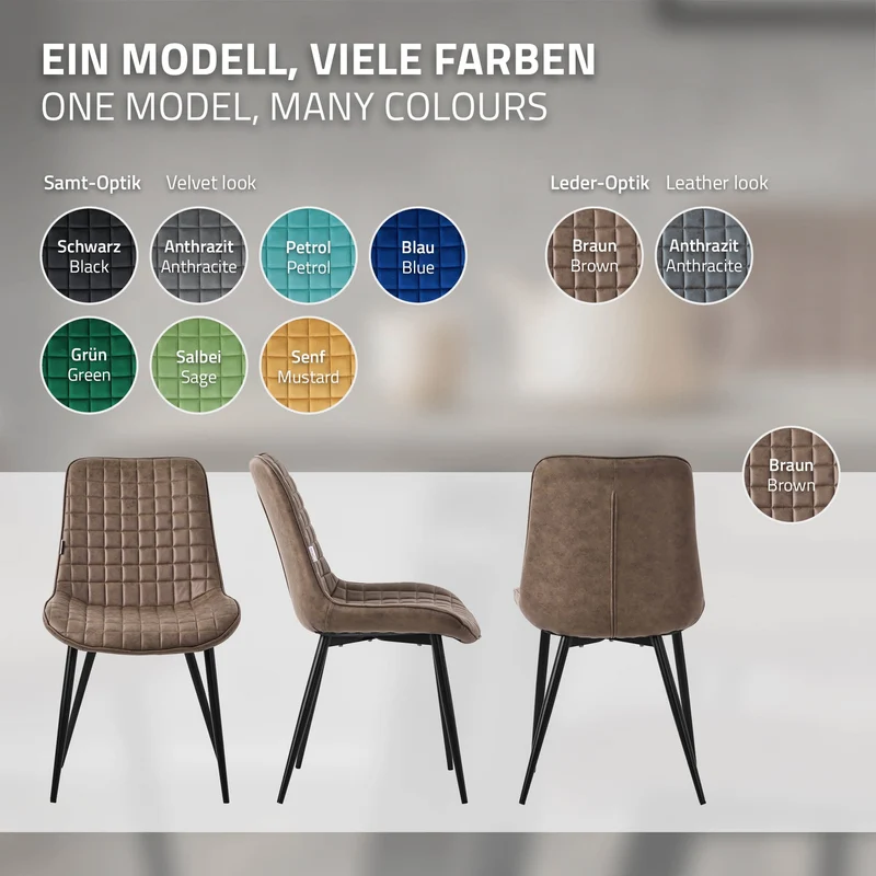 Esszimmerstuhl 2er Set Braun mit Kunstlederbezug und Stahlbeinen Küchenstuhl mit Rückenlehne ML-Design