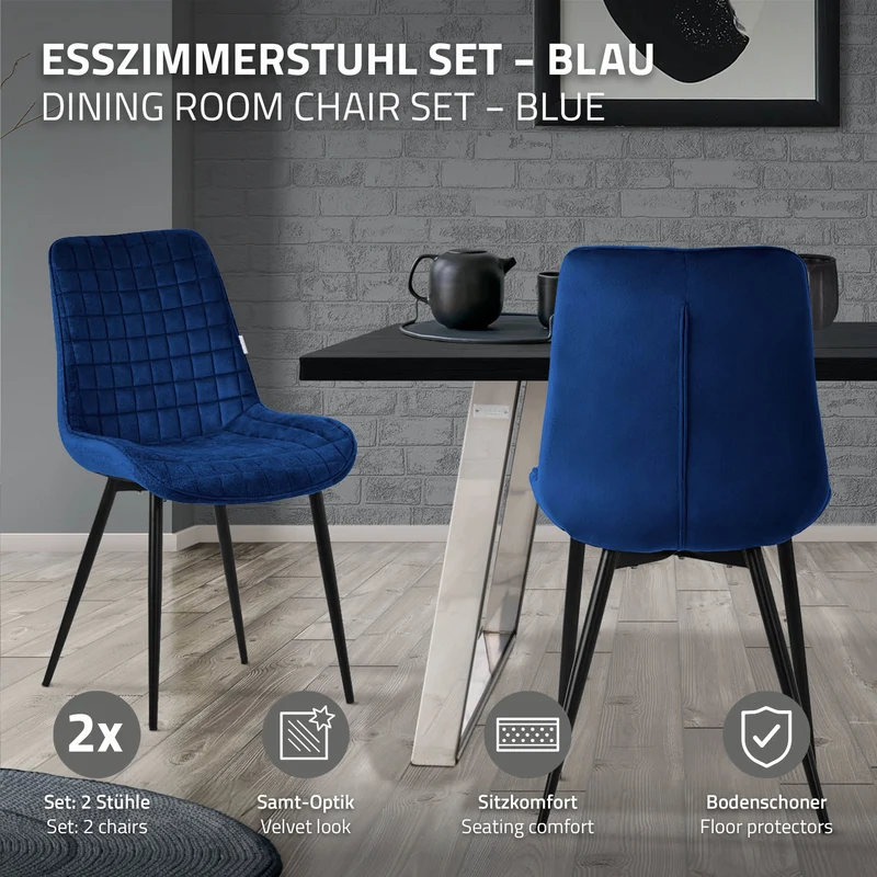 Esszimmerstuhl 2er Set Dunkelblau mit Samtbezug und Stahlbeinen Küchenstuhl mit Rückenlehne ML-Design