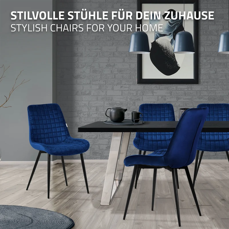 Esszimmerstuhl 2er Set Dunkelblau mit Samtbezug und Stahlbeinen Küchenstuhl mit Rückenlehne ML-Design