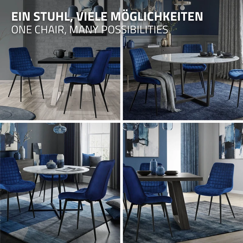 Esszimmerstuhl 2er Set Dunkelblau mit Samtbezug und Stahlbeinen Küchenstuhl mit Rückenlehne ML-Design