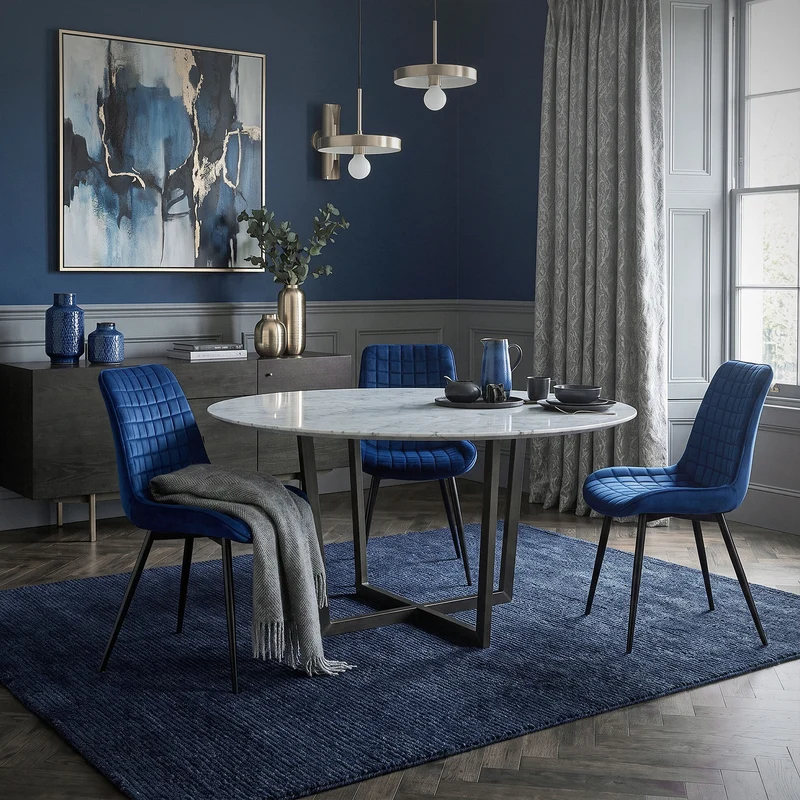 Esszimmerstuhl 2er Set Dunkelblau mit Samtbezug und Stahlbeinen Küchenstuhl mit Rückenlehne ML-Design