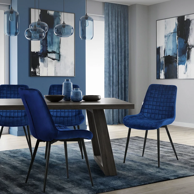 Esszimmerstuhl 2er Set Dunkelblau mit Samtbezug und Stahlbeinen Küchenstuhl mit Rückenlehne ML-Design