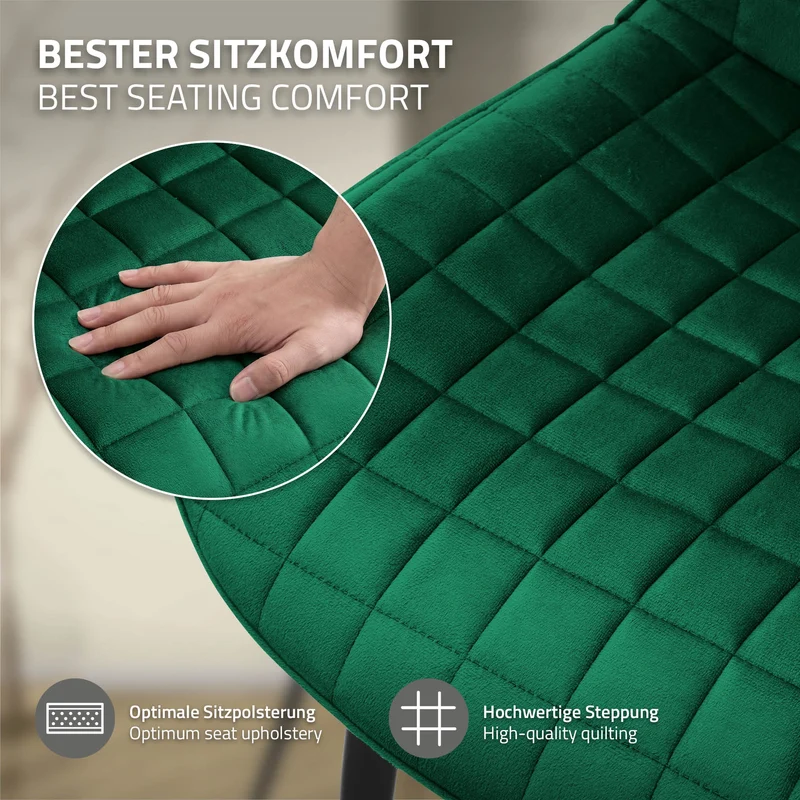 Esszimmerstuhl 2er Set Dunkelgrün mit Samtbezug und Stahlbeinen Küchenstuhl mit Rückenlehne ML-Design