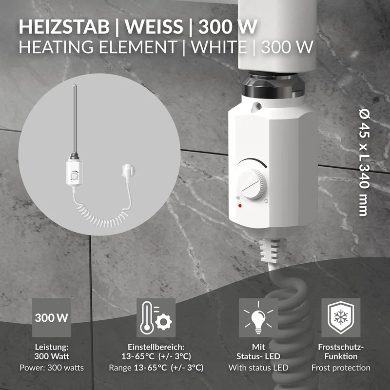 Heizstab 300W Weiß mit Thermostat für Badheizkörper LuxeBath