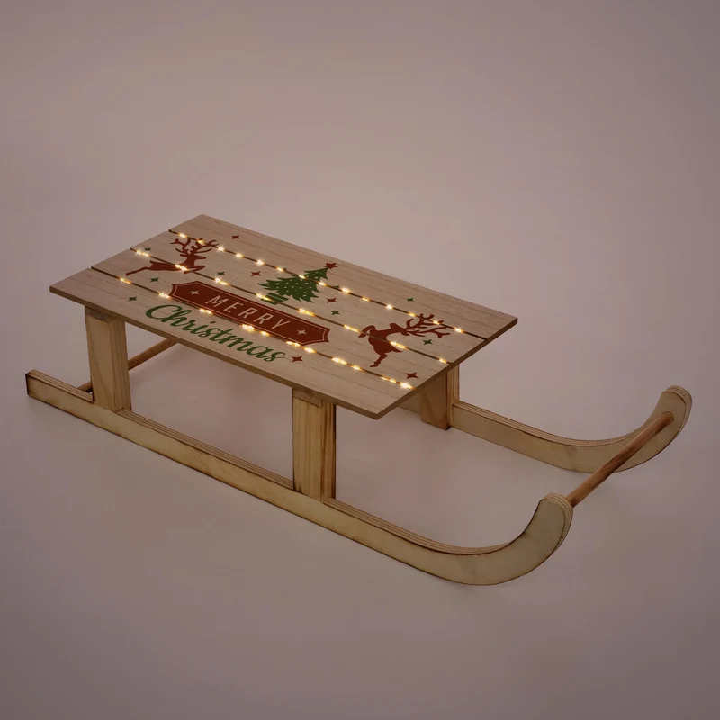 Deko Schlitten aus Holz mit LEDs und Timerfunktion 60 cm lang Weihnachtsschlitten
