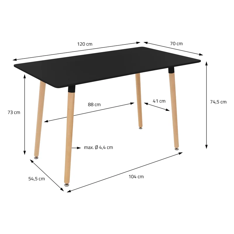 Esstisch aus Holz 120x70 cm Matt Schwarz Esszimmertisch für 4-6 Personen ML-Design