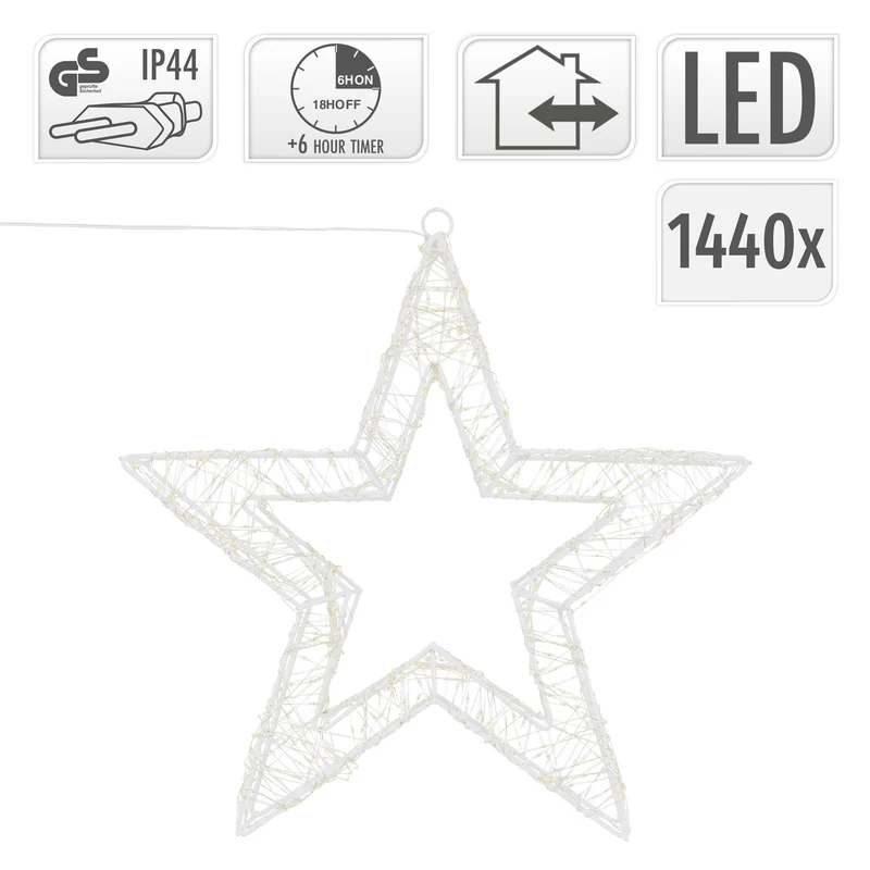 LED Weihnachtsstern 50 cm mit 1440 warmweißen LEDs und Timer aus Metall für Innen und Außen IP44 Spritzwassergeschützt