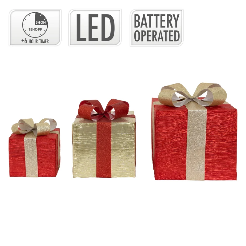 3er Set LED Deko Geschenkbox mit 90 warmweißen LEDs Rot Gold Drahtgestell batteriebetrieben mit Timer