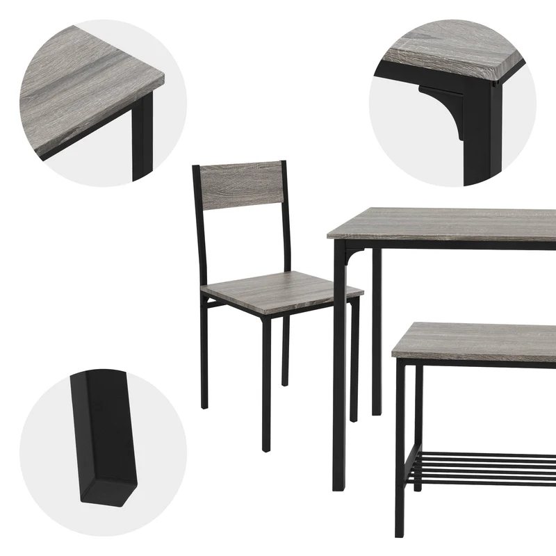 Esszimmergruppe mit Bank 4-Teilig mit Esstisch und Stühlen Eiche Grau Stahlgestell ML-Design