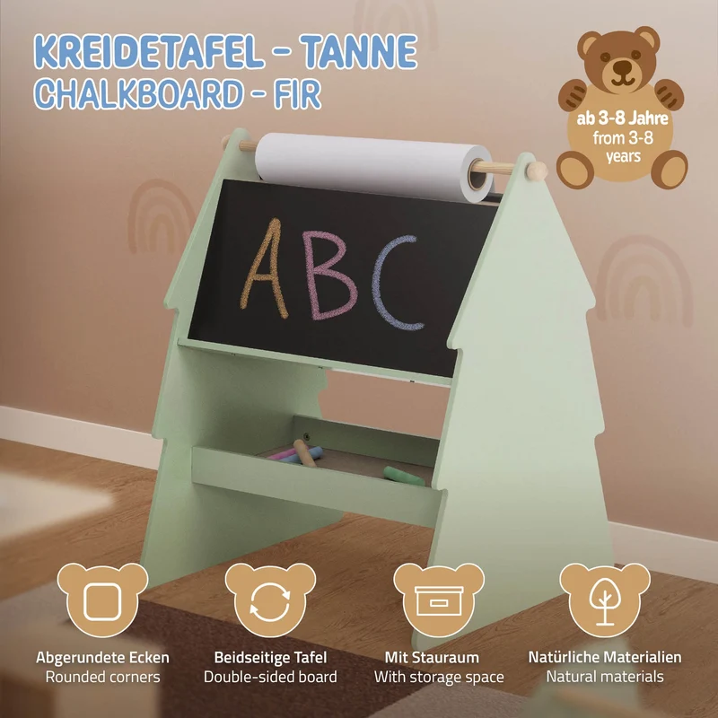 Kreidetafel für Kinder im Tannen Design beidseitige Tafel mit Stauraum und Papierrolle Joyz