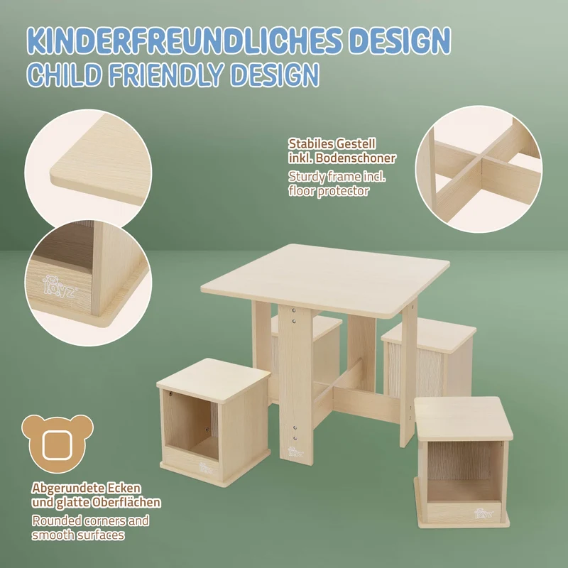 Kindersitzgruppe 5-teilig mit Tisch und 4 Stühlen aus Holz Joyz