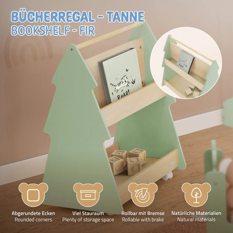 Kinder Bücherregal Tanne-Design Grün/Natur mit Ablagen und Rollen Joyz