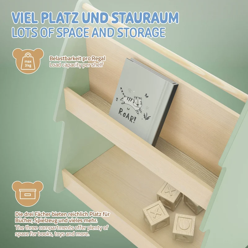 Kinder Bücherregal Tanne-Design Grün/Natur mit Ablagen und Rollen Joyz