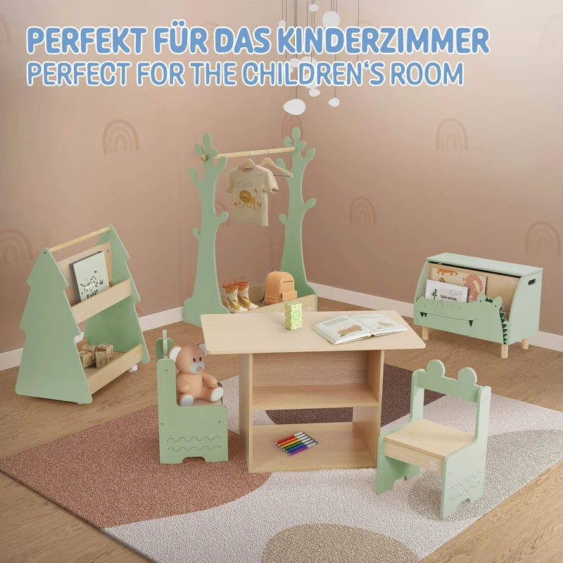 Kinder Bücherregal Tanne-Design Grün/Natur mit Ablagen und Rollen Joyz