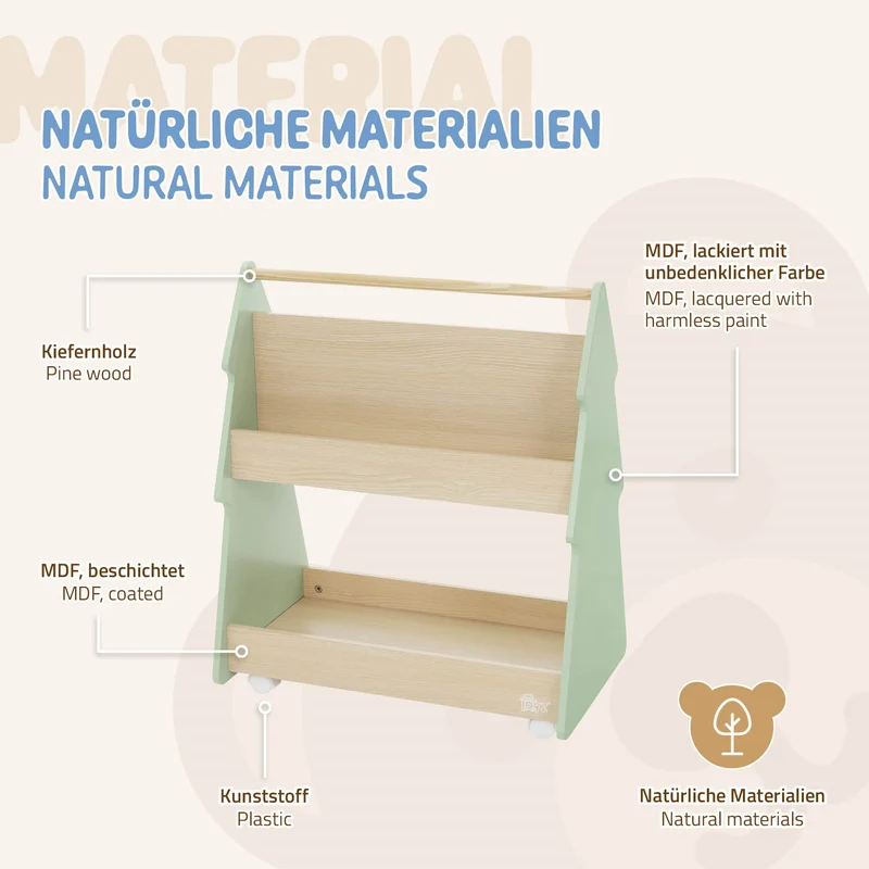Kinder Bücherregal Tanne-Design Grün/Natur mit Ablagen und Rollen Joyz