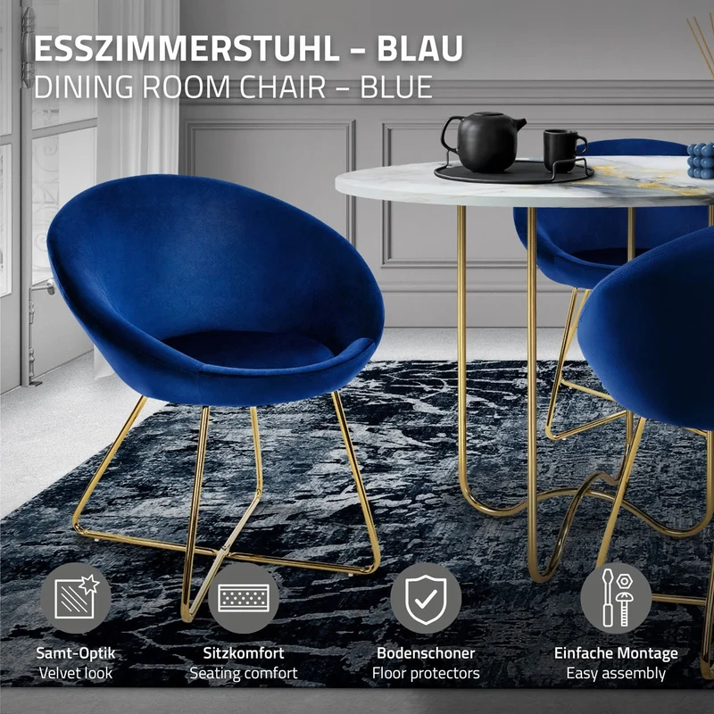 Esszimmerstuhl 2er Set mit runder Rückenlehne Blau aus Samt mit goldenen Metallbeinen ML-Design