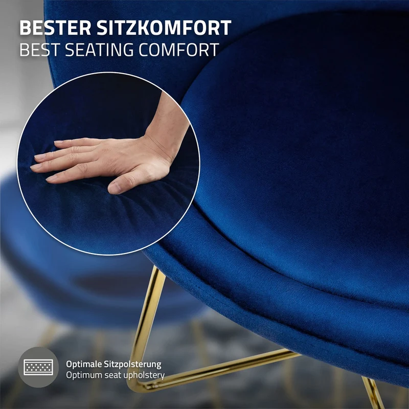 Esszimmerstuhl 2er Set mit runder Rückenlehne Blau aus Samt mit goldenen Metallbeinen ML-Design
