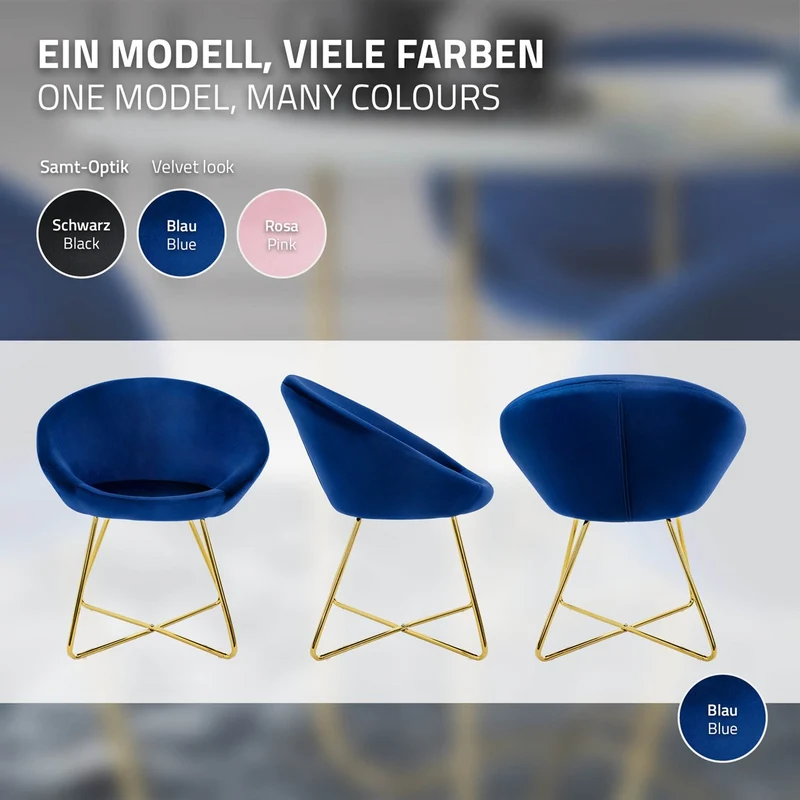 Esszimmerstuhl 2er Set mit runder Rückenlehne Blau aus Samt mit goldenen Metallbeinen ML-Design