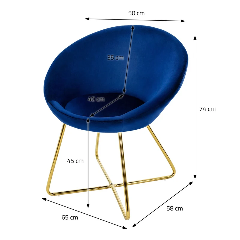 Esszimmerstuhl 2er Set mit runder Rückenlehne Blau aus Samt mit goldenen Metallbeinen ML-Design