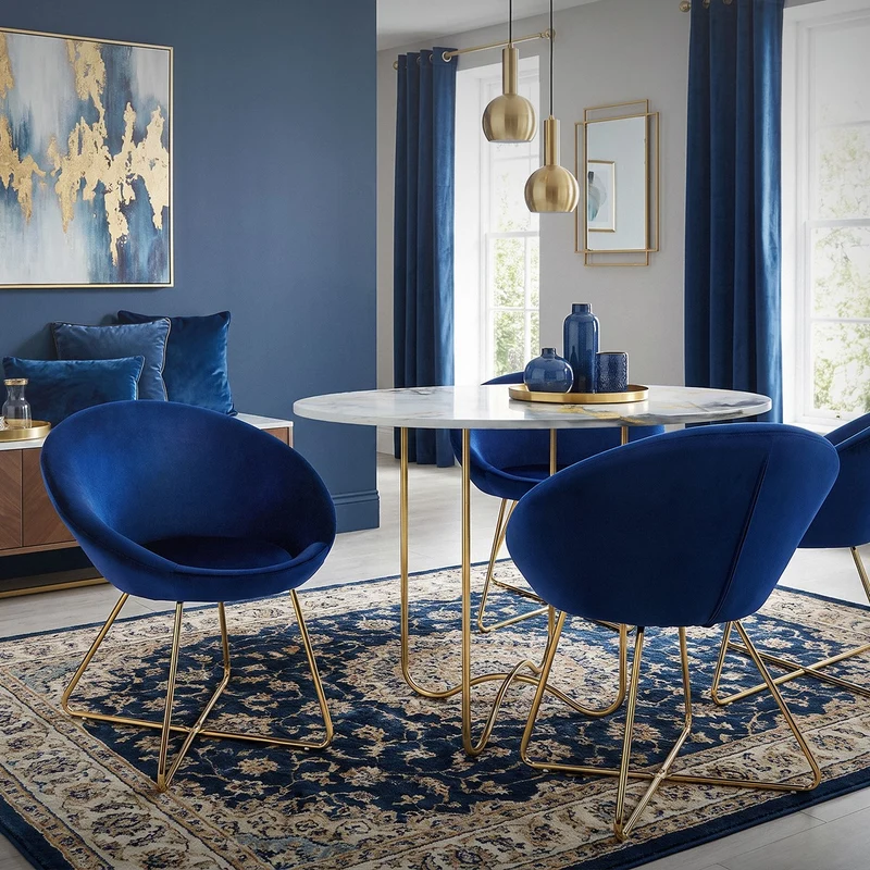 Esszimmerstuhl 2er Set mit runder Rückenlehne Blau aus Samt mit goldenen Metallbeinen ML-Design