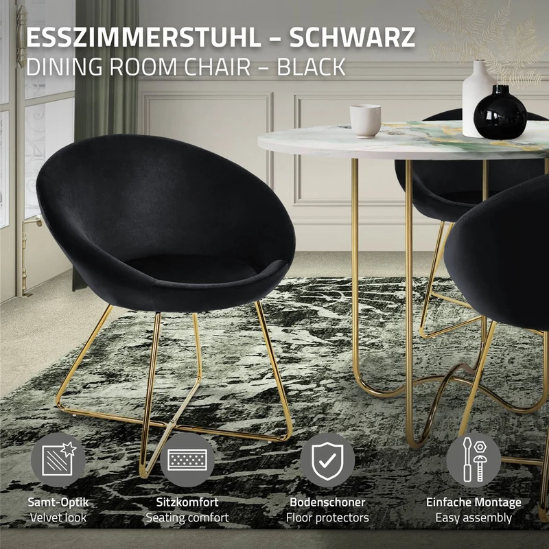 Esszimmerstuhl 2er Set mit runder Rückenlehne Schwarz aus Samt mit goldenen Metallbeinen ML-Design