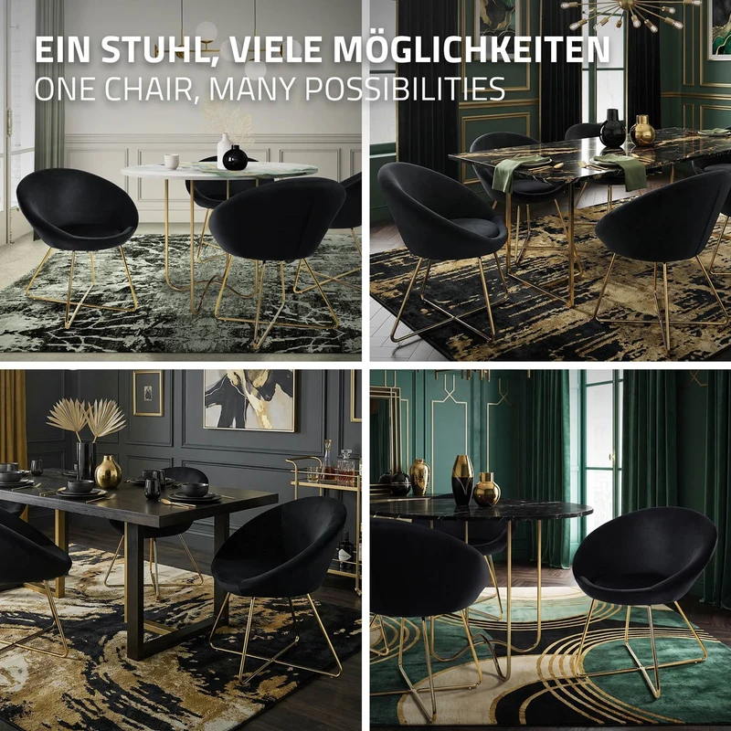Esszimmerstuhl 2er Set mit runder Rückenlehne Schwarz aus Samt mit goldenen Metallbeinen ML-Design