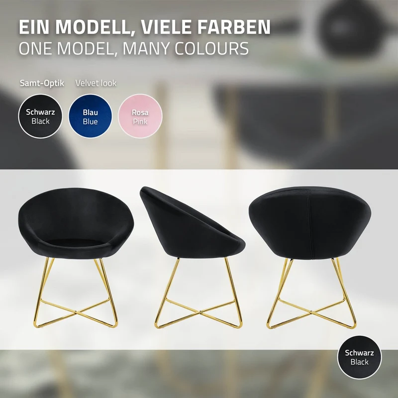 Esszimmerstuhl 2er Set mit runder Rückenlehne Schwarz aus Samt mit goldenen Metallbeinen ML-Design