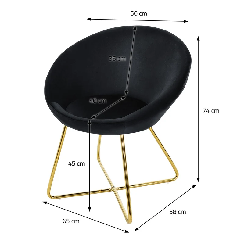 Esszimmerstuhl 2er Set mit runder Rückenlehne Schwarz aus Samt mit goldenen Metallbeinen ML-Design