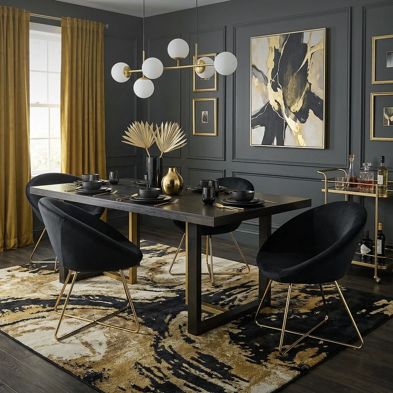 Esszimmerstuhl 2er Set mit runder Rückenlehne Schwarz aus Samt mit goldenen Metallbeinen ML-Design