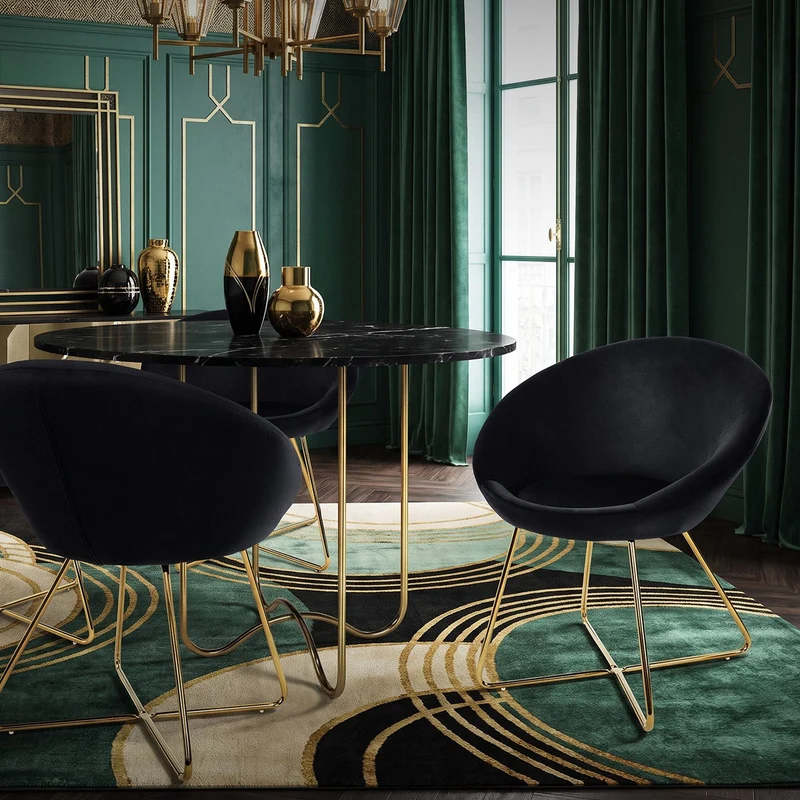 Esszimmerstuhl 2er Set mit runder Rückenlehne Schwarz aus Samt mit goldenen Metallbeinen ML-Design