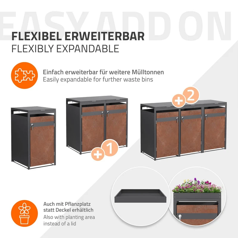 Mülltonnenbox 1er bis 240L 68x80x120 cm aus Stahl in Rostoptik ML-Design